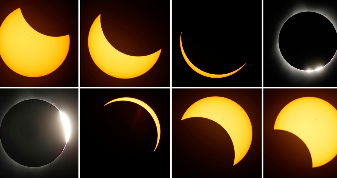 Esta combinación de fotografías muestra el trayecto del sol durante un eclipse total, el lunes 21 de agosto de 2017, cerca de Redmond, Oregon.