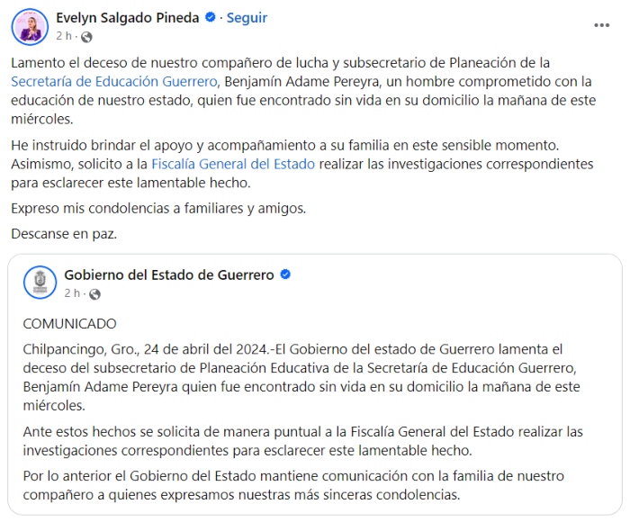 La Fiscalía informó que el crimen ocurrió alrededor de las 2:00 horas en el domicilio del funcionario. Indicó que abrió una carpeta de investigación en contra de quien o quienes resulten responsables por el delito de homicidio con arma blanca del Subsecretario