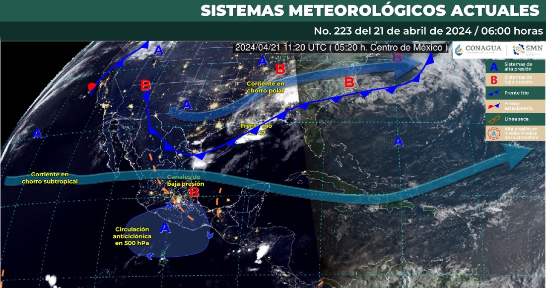 El Servicio Meteorológico Nacional (SMN) informó este domingo que el frente frío número 47, en el noreste y oriente de México, y un canal de baja presión sobre el sureste del país ocasionarán lluvias intensas (de 75 a 150 milímetros [mm]) en zonas de Hidalgo, Oaxaca, Puebla, San Luis Potosí y Veracruz.