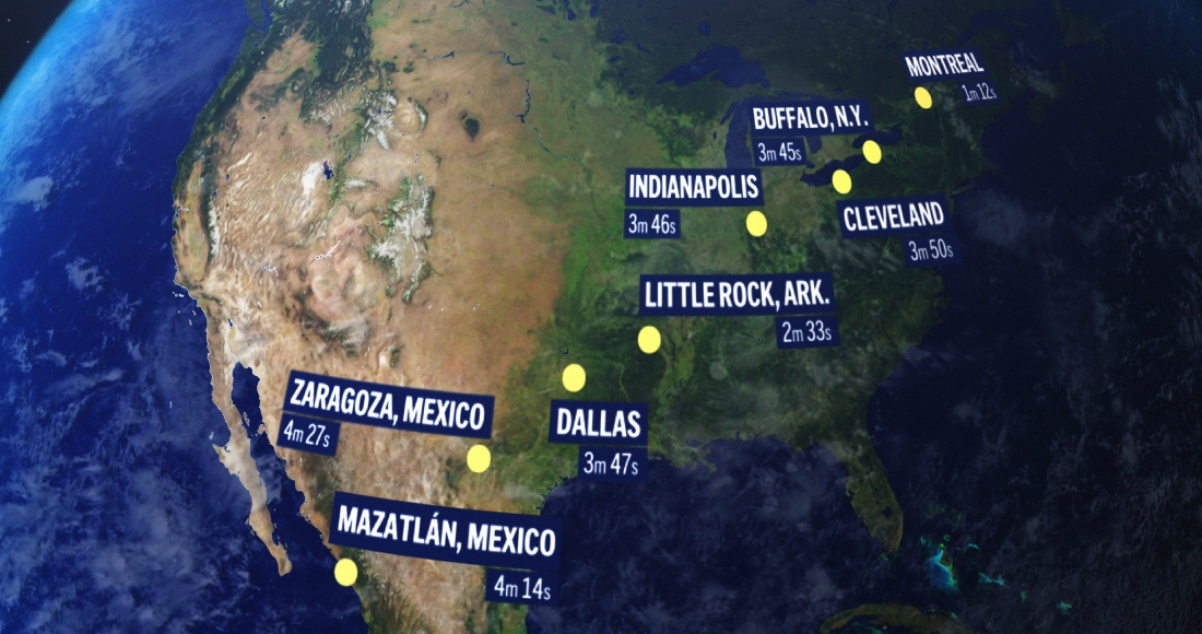 Un eclipse solar total el 8 de abril ingresará al continente americano por la costa mexicana del Pacífico, avanzará hacia el norte a través de Texas y Oklahoma, cruzará la región centro-norte de Estados Unidos, la región central con litoral en el Atlántico, y Nueva Inglaterra, antes de salir a través del este de Canadá hacia el Atlántico.