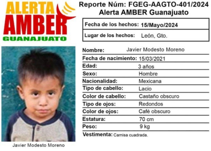 Javier Modesto Moreno, de tres años de edad, se encuentra desaparecido desde el 15 de mayo, y su nombre fue repetido hoy en numerosas ocasiones, entre los límites de León y Romita. 