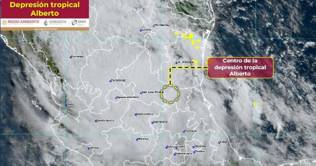 El Servicio Meteorológico Nacional (SMN) informó la mañana de este jueves que la tormenta tropical "Alberto" se debilitó a depresión y que se mantiene sobre San Luis Potosí.