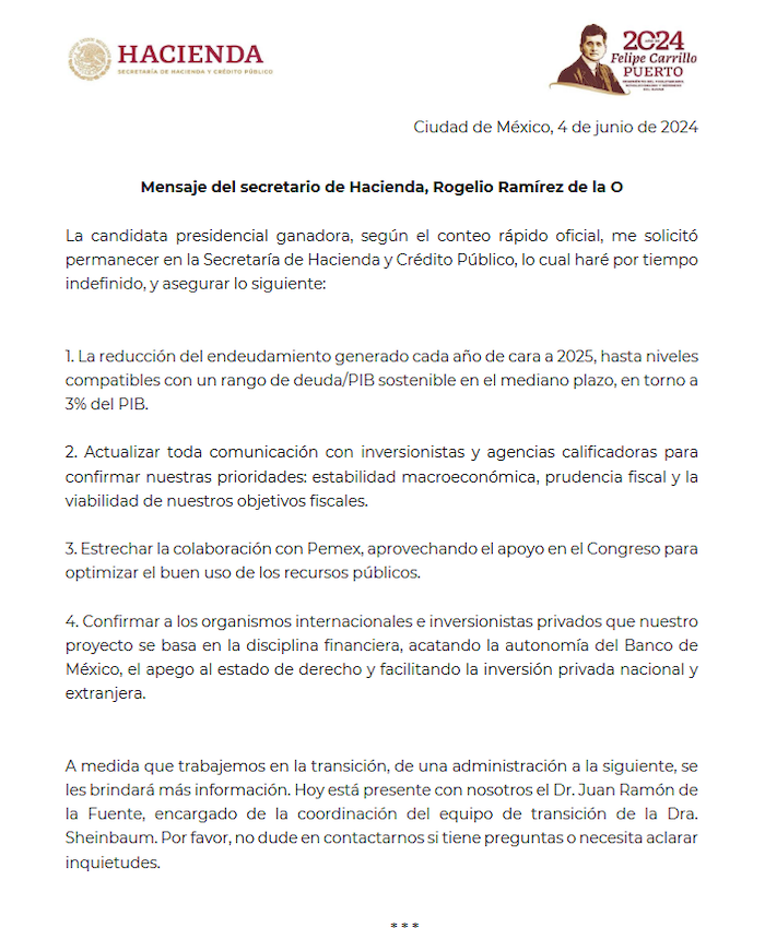 El mensaje que ofreció Rogelio Ramírez de la O, titular de la Secretaría de Hacienda y Crédito Público (SHCP), durante una breve llamada con inversionistas y analistas.