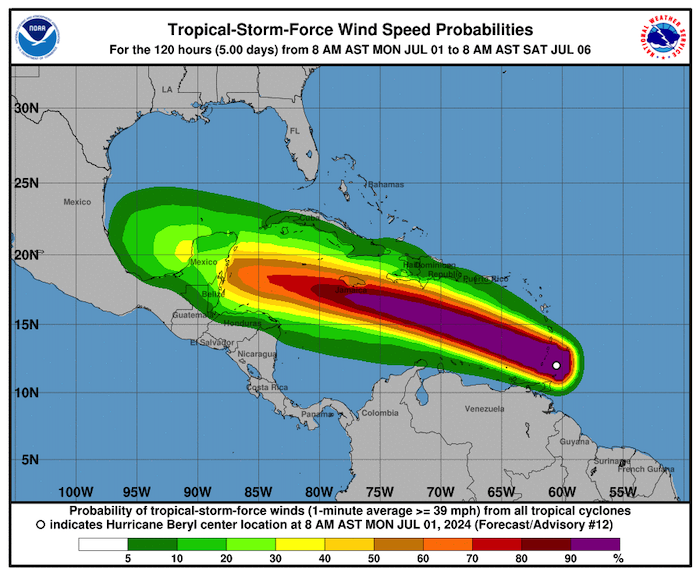 A media mañana, "Beryl" se encontraba 50 kilómetros (30 millas) al noreste de Granada con vientos máximos sostenidos 240 km/h (150 mph) y se desplazaba al oeste-noroeste a 31 km/h (20 mph).