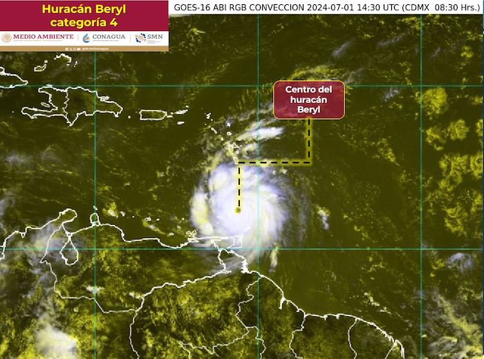 Se prevé que "Beryl" pierda algo de fuerza sobre el mar Caribe, en una ruta que podría llevarla al sur de Jamaica y después hacia la península mexicana de Yucatán como meteoro de categoría 1.