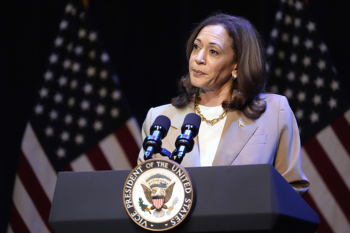 La Vicepresidenta de EU, Kamala Harris, pronuncia un discurso en un acto de campaña en Pittsfield, Massachusetts, el sábado 27 de julio de 2024.