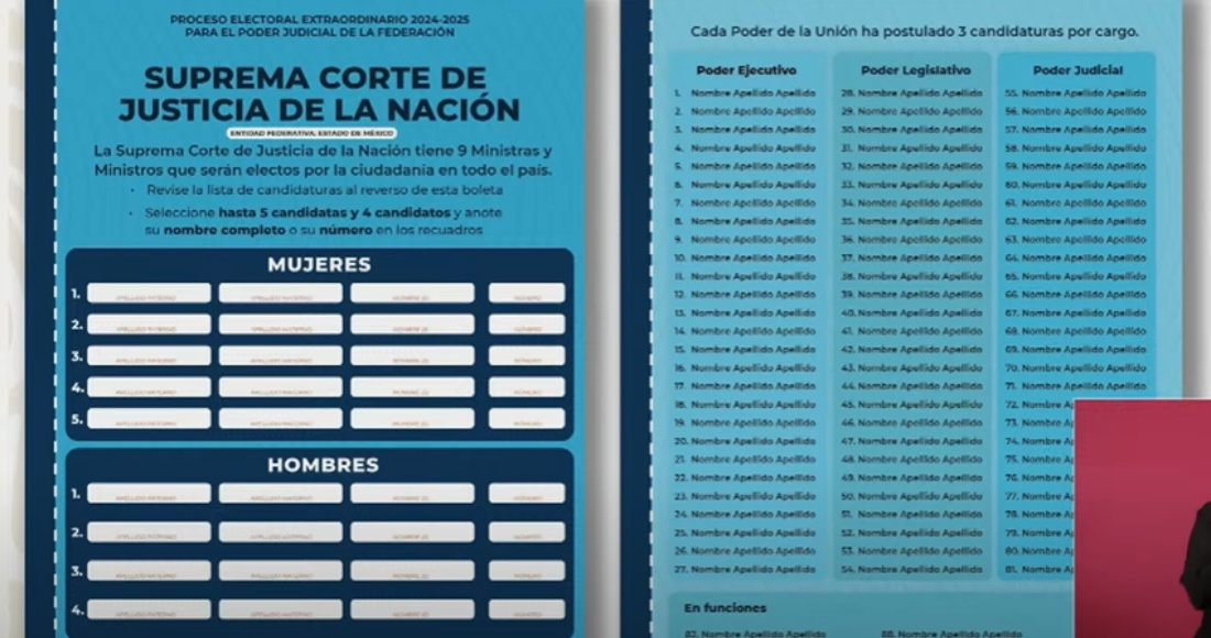 En este ejemplo de boleta electoral, las y los ciudadanos podrán ver los nombres de las candidaturas en el reverso de la boleta, y anotarán en la parte delantera del documento a quienes deseen escoger.