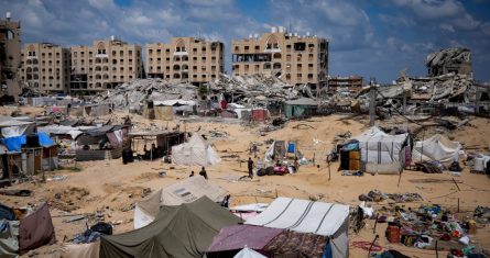 Palestinos desplazados por la campaña aérea y terrestre israelí en la Franja de Gaza huyen de la ciudad de Hamad tras una orden de evacuación del ejército israelí de que abandonen partes de la zona sureña de Jan Yunis, el domingo 11 de agosto de 2024.