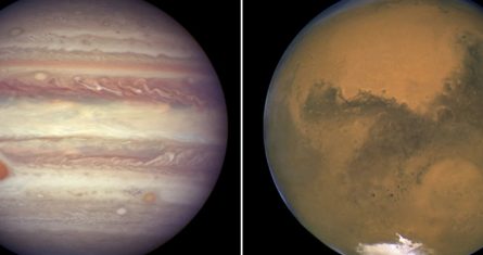 Esta imagen combinada, creada a partir de dos fotografías proporcionadas por la NASA, muestra a Júpiter el 3 de abril de 2017, a la izquierda, y a Marte el 26 de agosto de 2003, a la derecha.