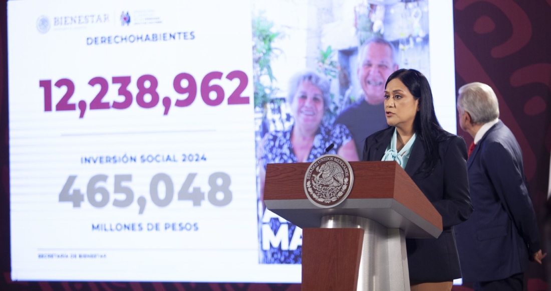 Ariadna Montiel Reyes, Secretaria de Bienestar, durante la conferencia de prensa matutina en Palacio Nacional.