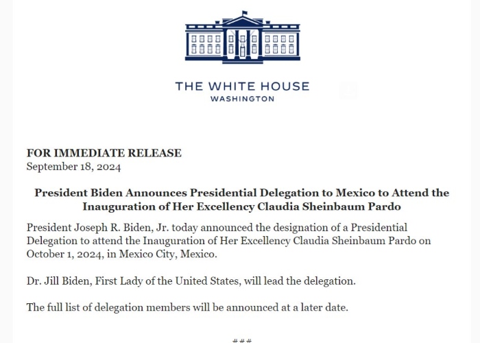 La Casa Blanca informó este miércoles que la Primera dama de los Estados Unidos, Jill Biden, encabezará la delegación presidencial que asistirá a la toma de posesión de Claudia Sheinbaum Pardo.