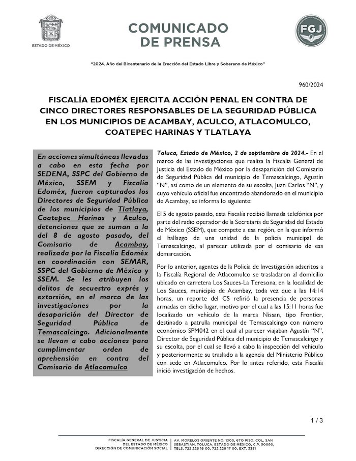 Comunicado de la Fiscalía del Estado de México.