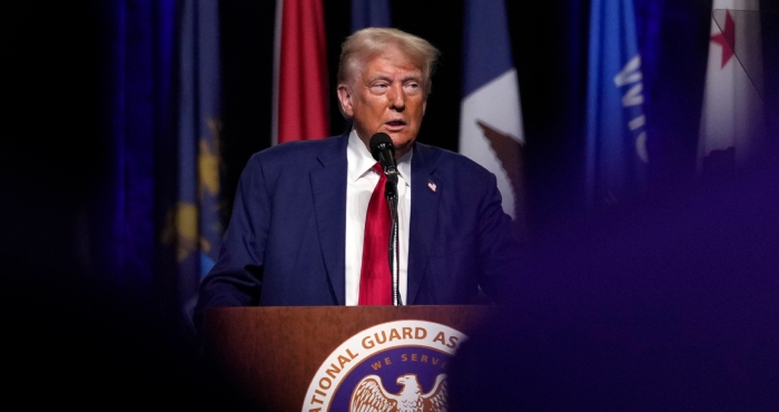 El expresidente Donald Trump, candidato presidencial republicano, habla en la 146ta Conferencia General de la Asociación de la Guardia Nacional de Estados Unidos, el lunes 26 de agosto de 2024, en Detroit.