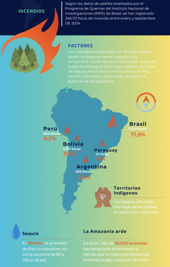 Brasil concentró el 71.9 por ciento con siete mil 322 fuegos forestales registrados en América del Sur. Le siguen Bolivia con mil 137 incendios (11,2 por ciento), Perú con 842 (8.3 por ciento), Argentina con 433 (4.3 por ciento) y Paraguay con 271 (2.7 por ciento) y, en porcentaje de fuegos, Brasil acumula el 50.6 por ciento de todos los incendios registrados en lo que va del año. 