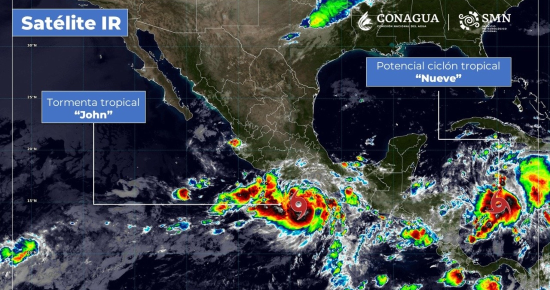 El huracán "John", que surgió de la depresión tropical 10-E, presenta vientos máximos sostenidos de 140 kilómetros por hora y rachas de 165 kilómetros por hora; el ciclón se mueve hacia el norte a seis kilómetros por hora.