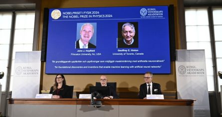 John Hopfield y Geoffrey Hinton, aparecen en la pantalla en una conferencia de prensa en la que se anuncia que han ganado el Nobel de Física. En el centro aparece Hans Ellergren, secretario permanente de la Academia Sueca de Ciencias en Estocolmo, el martes 8 de octubre de 2024.