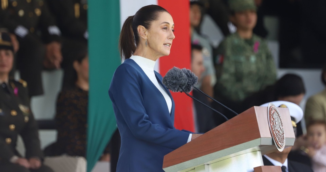 Claudia Sheinbaum, Presidenta de México, ofrece un discurso a los elementos de las Fuerzas Armadas en Campo Marte.