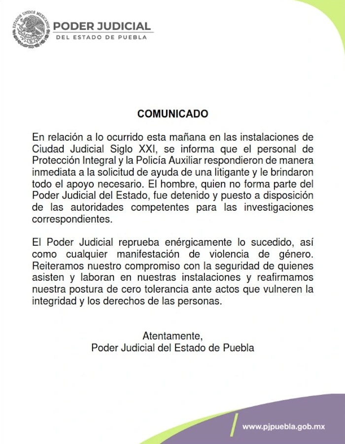 PODER JUDICIAL DE PUEBLA CONFIRMA AGRESIÓN A MUJER