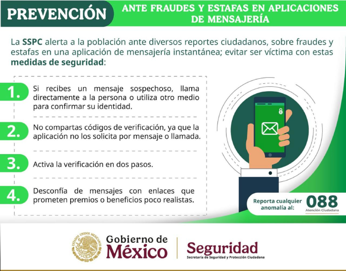 Los delincuentes cibernéticos también solicitan códigos de verificación que son enviados por mensaje SMS para poder tener acceso a la cuenta personal desde otro dispositivo y poder suplantar la identidad de la víctima. Foto: SSPCLos delincuentes cibernéticos también solicitan códigos de verificación que son enviados por mensaje SMS para poder tener acceso a la cuenta personal desde otro dispositivo y poder suplantar la identidad de la víctima. Foto: SSPC