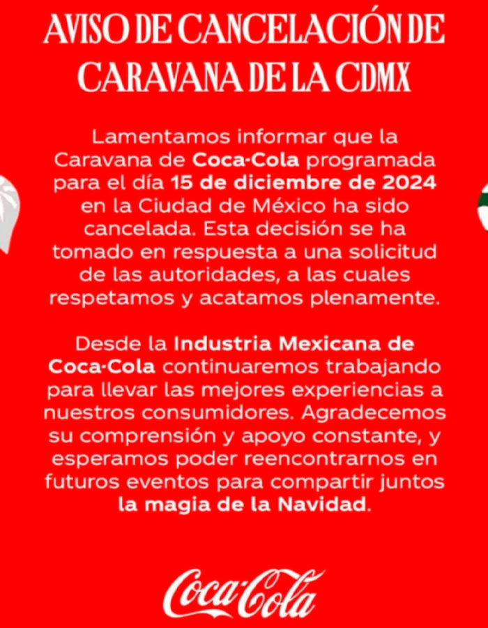 Gobierno de la CdMx cancela caravana Coca-Cola