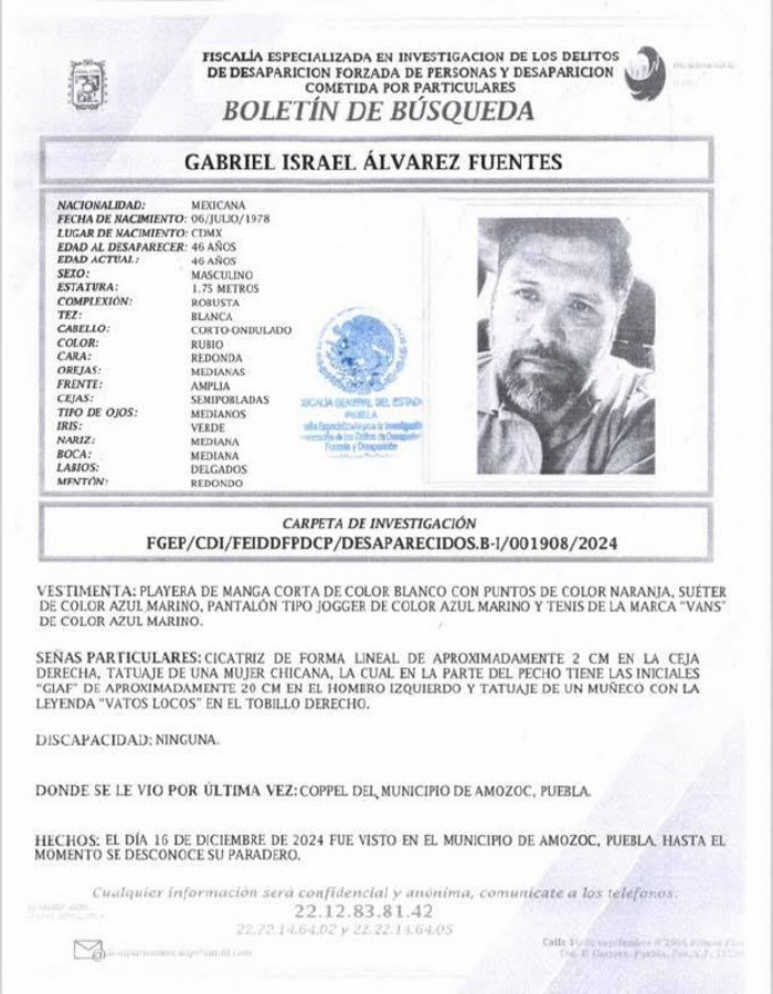 Buscan a Gabriel Álvarez Fuentes en Puebla