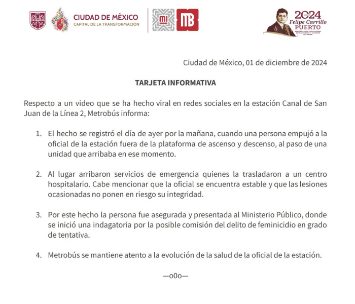 Se reportó que la policía sufrió de un trauma craneoencefálico leve, tras ser arrojada de un Metrobús por un hombre.