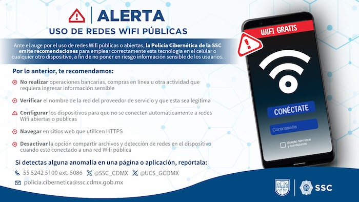 Lista de recomendaciones de la SSC-CdMx para usar adecuadamente las redes Wifi públicas.