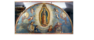 Un fresco de las apariciones de la Virgen de Guadalupe realizado en el Museo Nacional del Virreinato.