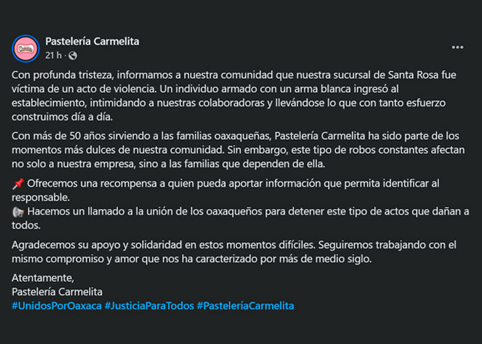 Hombre asalta pastelería en Oaxaca y se roba hasta el pan