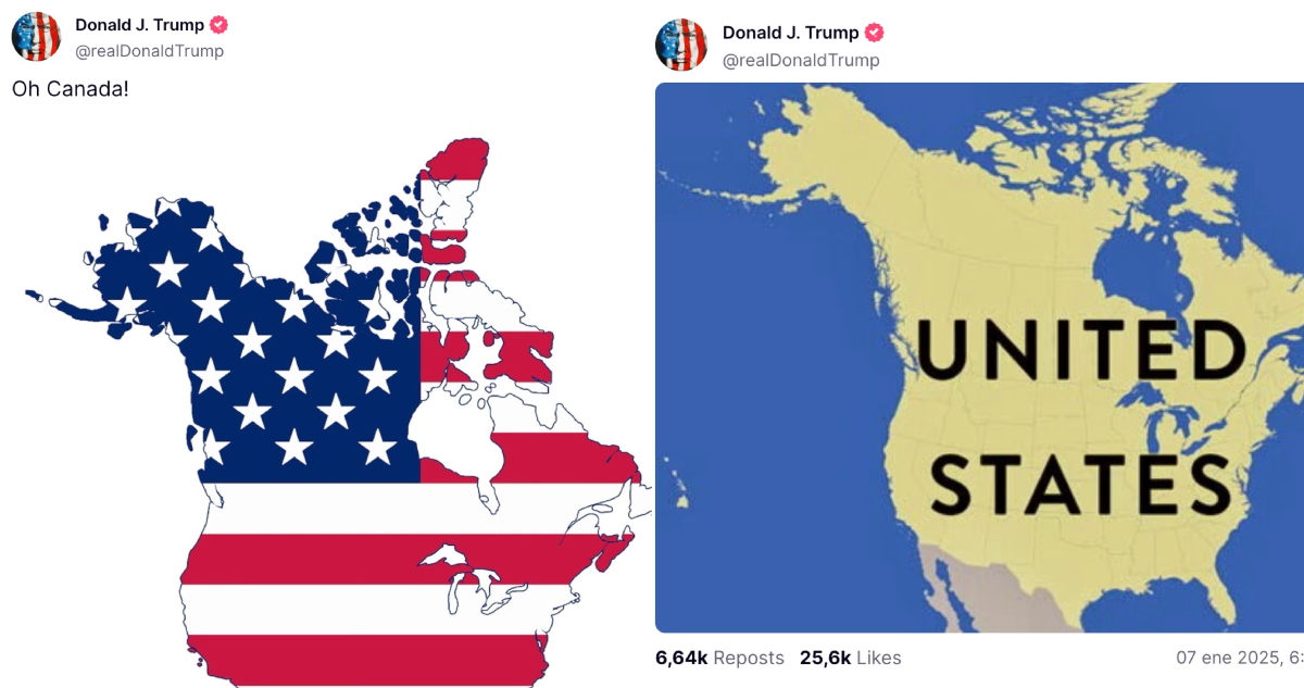 Mapas compartidos por Donald Trump, Presidente electo de Estados Unidos, los cuales contemplan a Canadá como parte del territorio estadounidense.