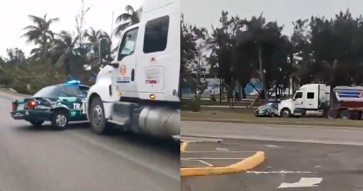 VIDEO ¬ El conductor de un tráiler arrastra a patrulla para evitar multa en Veracruz