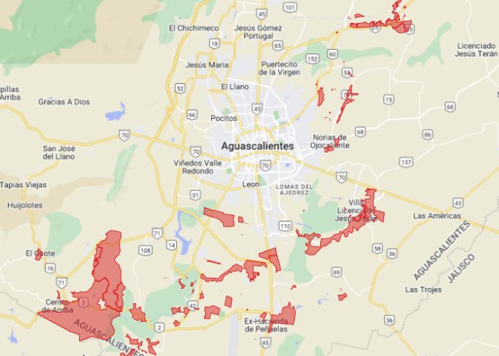 mapa de las zonas afectadas en aguascalientes