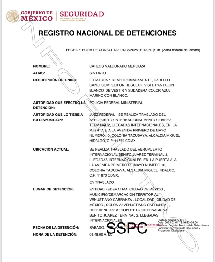 Ficha de Carlos Maldonado Mendoza: Fuente: Registro Nacional de Detenciones.